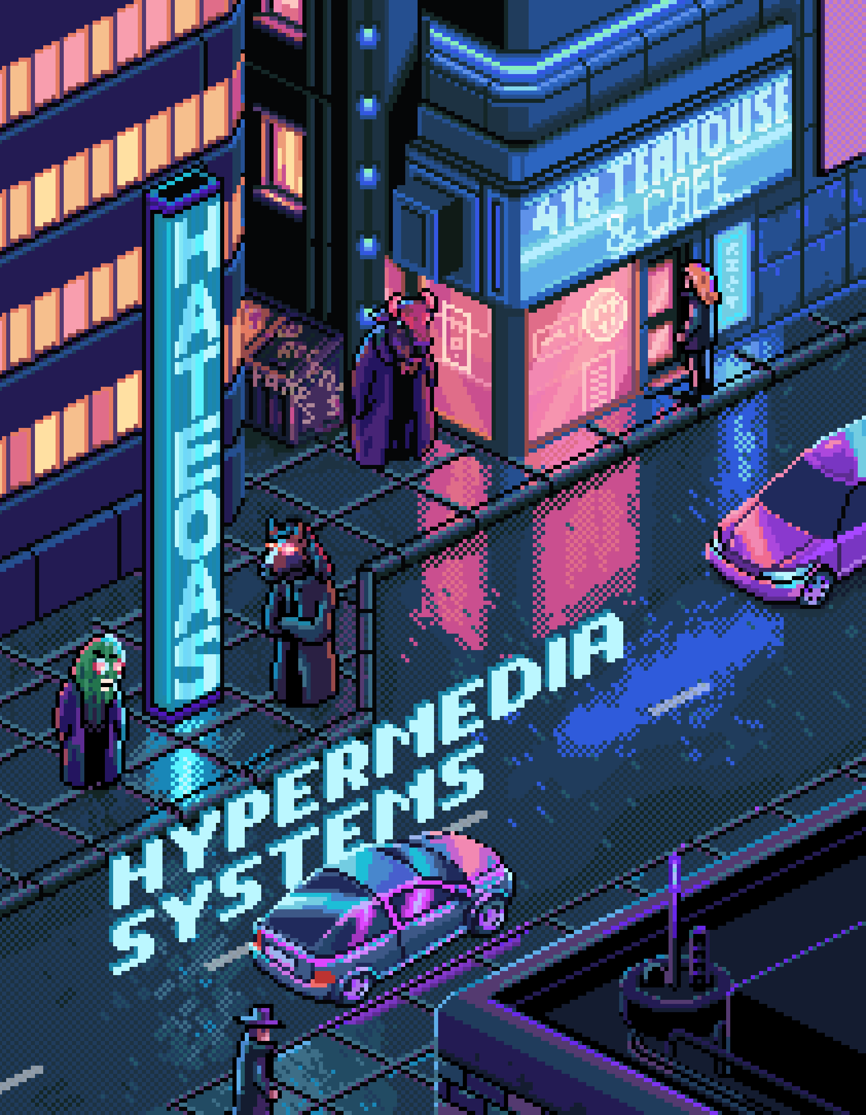 Cyberpunkish cover of softcover edition with big HATEOAS sign, 418 Teahouse & Cafe, and htmx community in-jokes